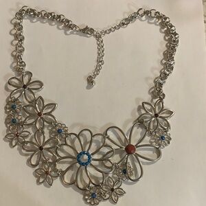 Floral Silver Necklace with Blue and Red Accents